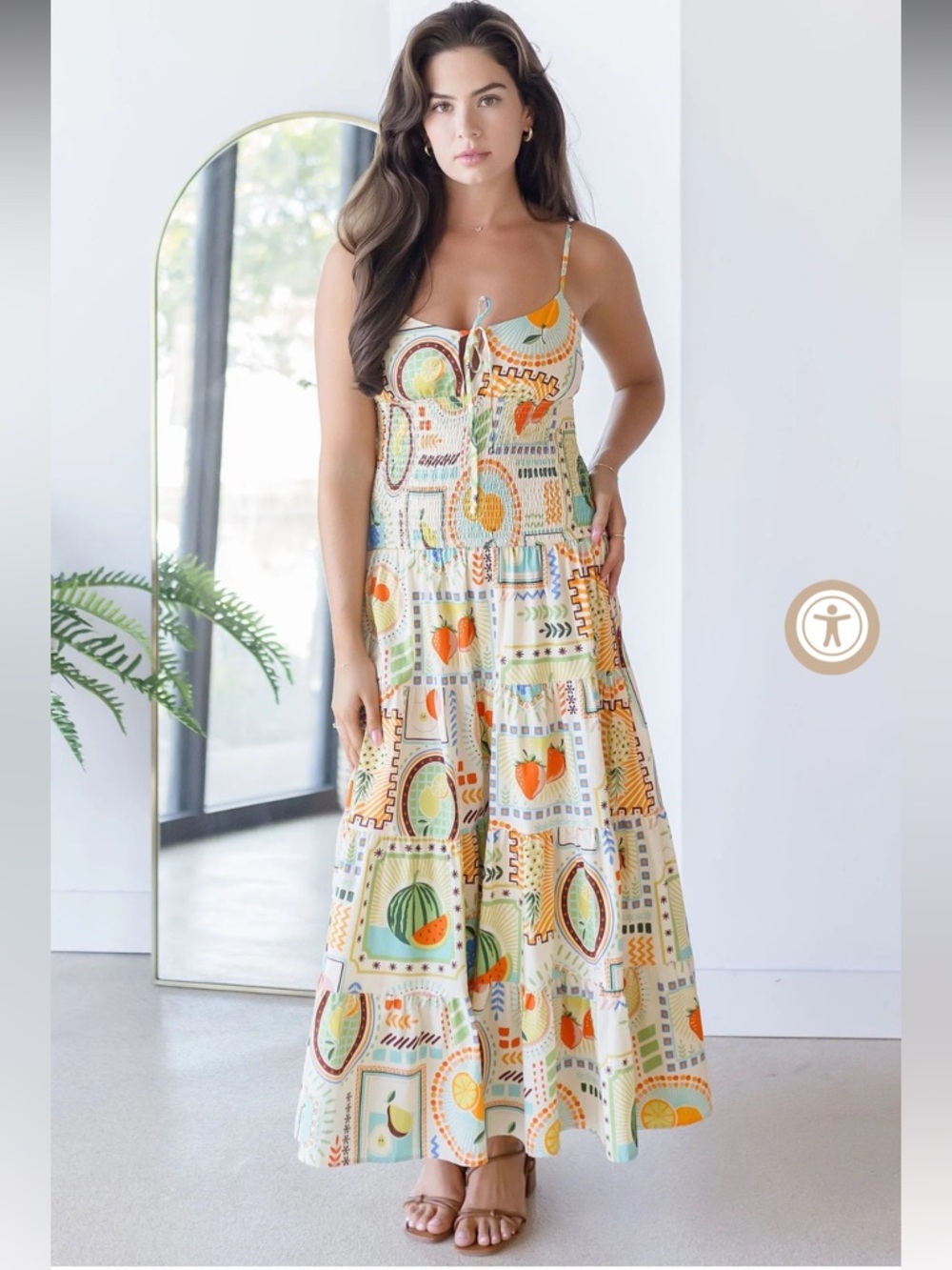 moon river cream & green fruit print tiered smocked maxi summer sun dress small
